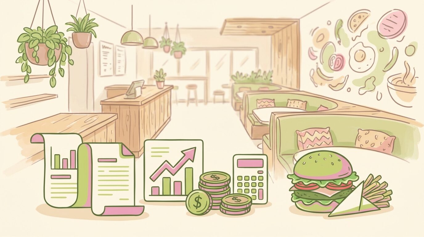 Plan de financement d'une franchise de restauration : documents bancaires, calculatrice et burger vegan Green Farmer's