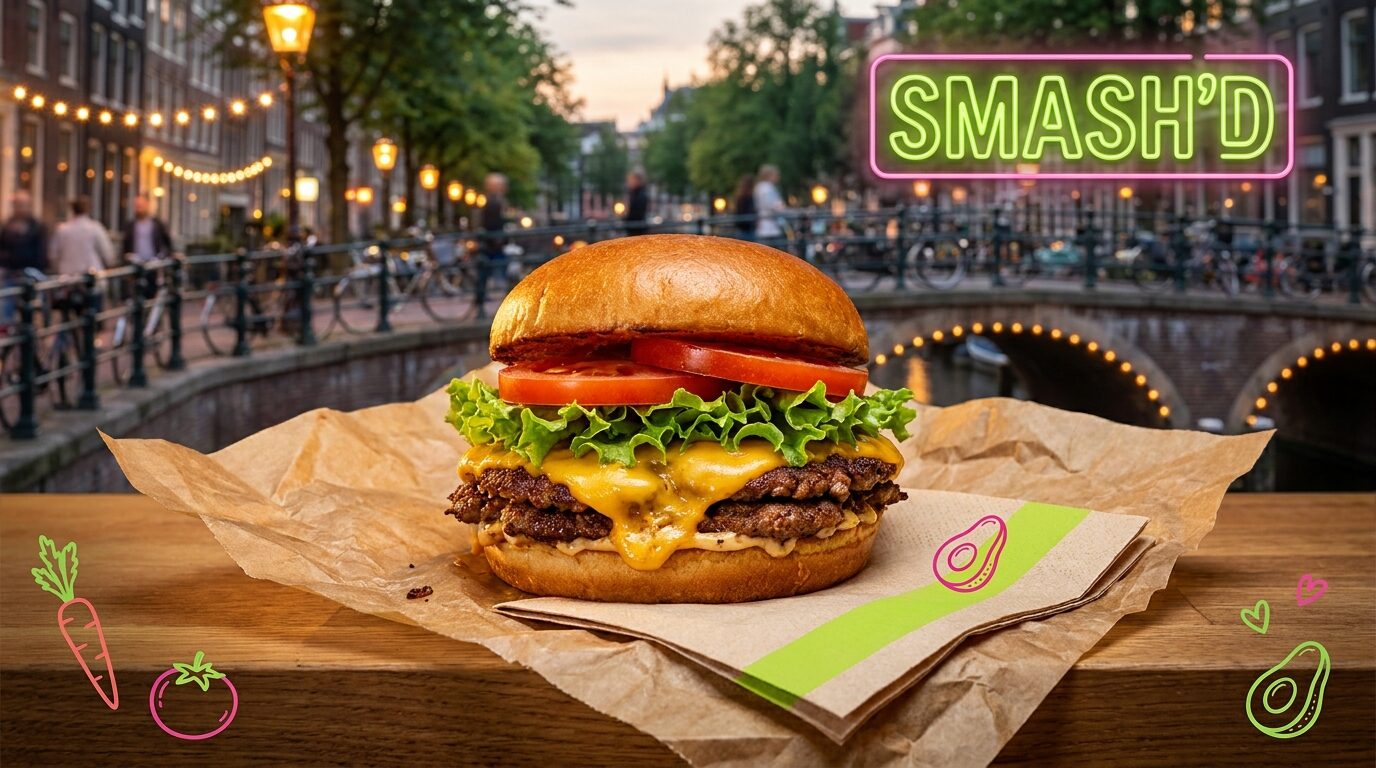 Burger vegan façon street-food avec ambiance urbaine évoquant Amsterdam, aux couleurs de la marque Green Farmer's