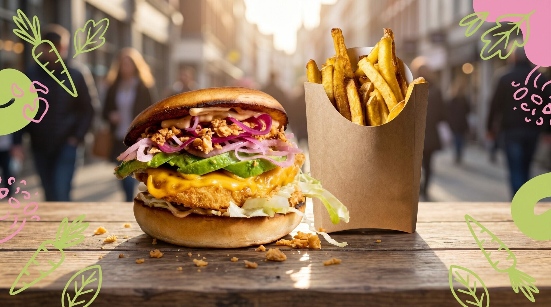 Burger vegan Green Farmer's et ses frites dans leur emballage carton, posés sur une table en ambiance urbaine