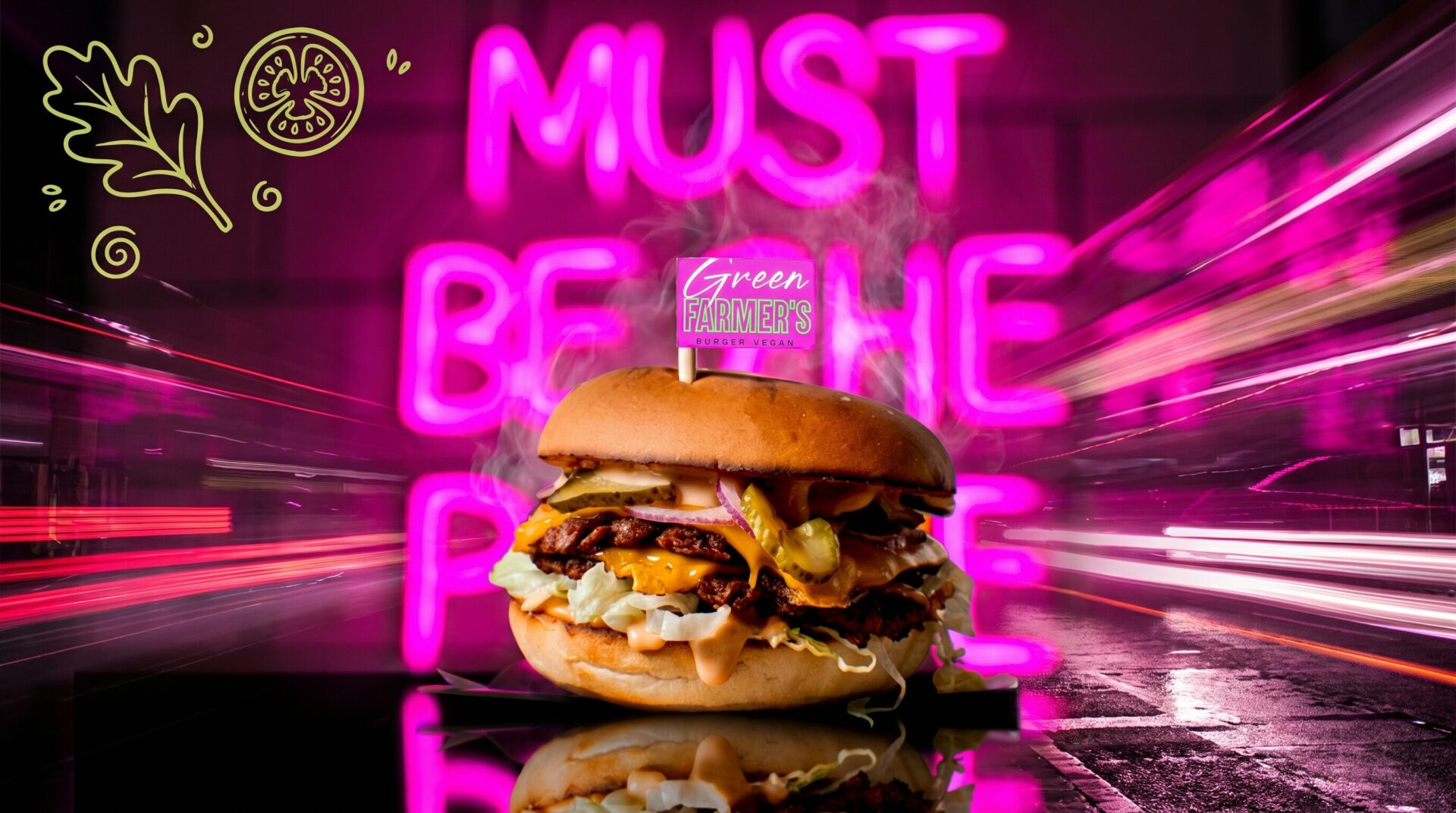 Burger vegan Green Farmer's mis en scène sur fond néon rose, ambiance street-food dynamique