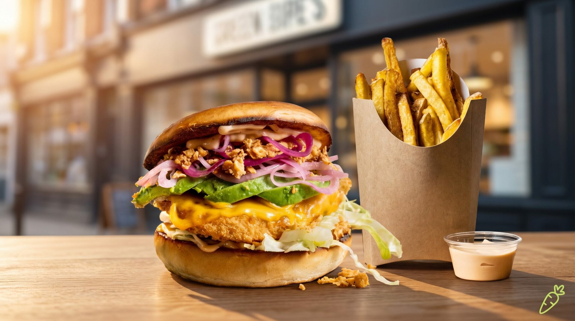Burger vegan Green Farmer's et ses frites devant une façade de restaurant floutée, évoquant une ouverture récente
