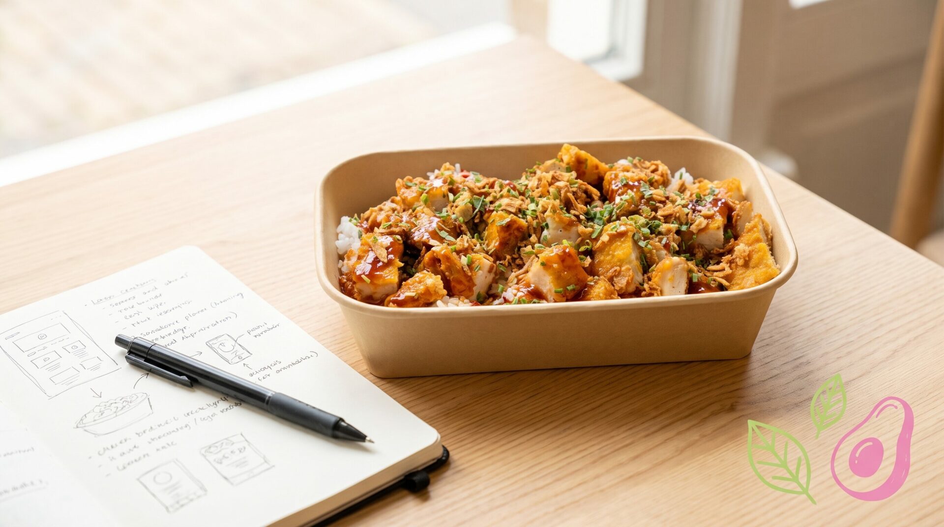 Bowl vegan croustillant Green Farmer's posé à côté d'un carnet de notes, ambiance calme de réflexion sur un projet