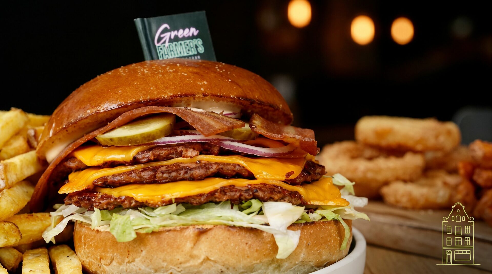 Gros plan sur un burger vegan Green Farmer's avec fanion de marque, ambiance street-food urbaine le soir