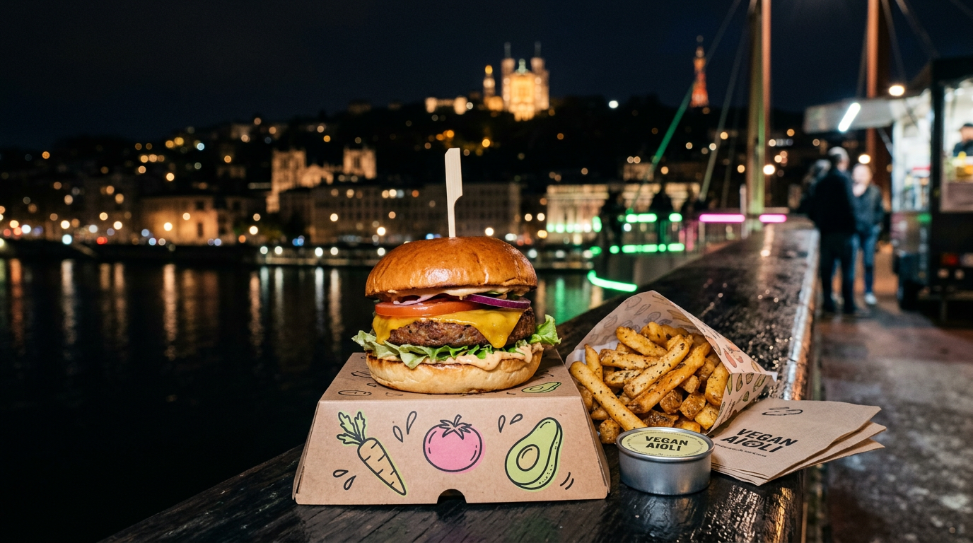 Franchise vegan à Lyon : burger street-food Green Farmer's, ambiance urbaine évoquant la colline de Fourvière