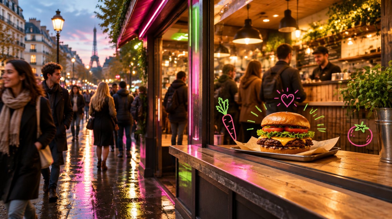 Façade vitrée d'un fast-food en soirée dans une rue piétonne parisienne avec un burger vegan Green Farmer's en vitrine