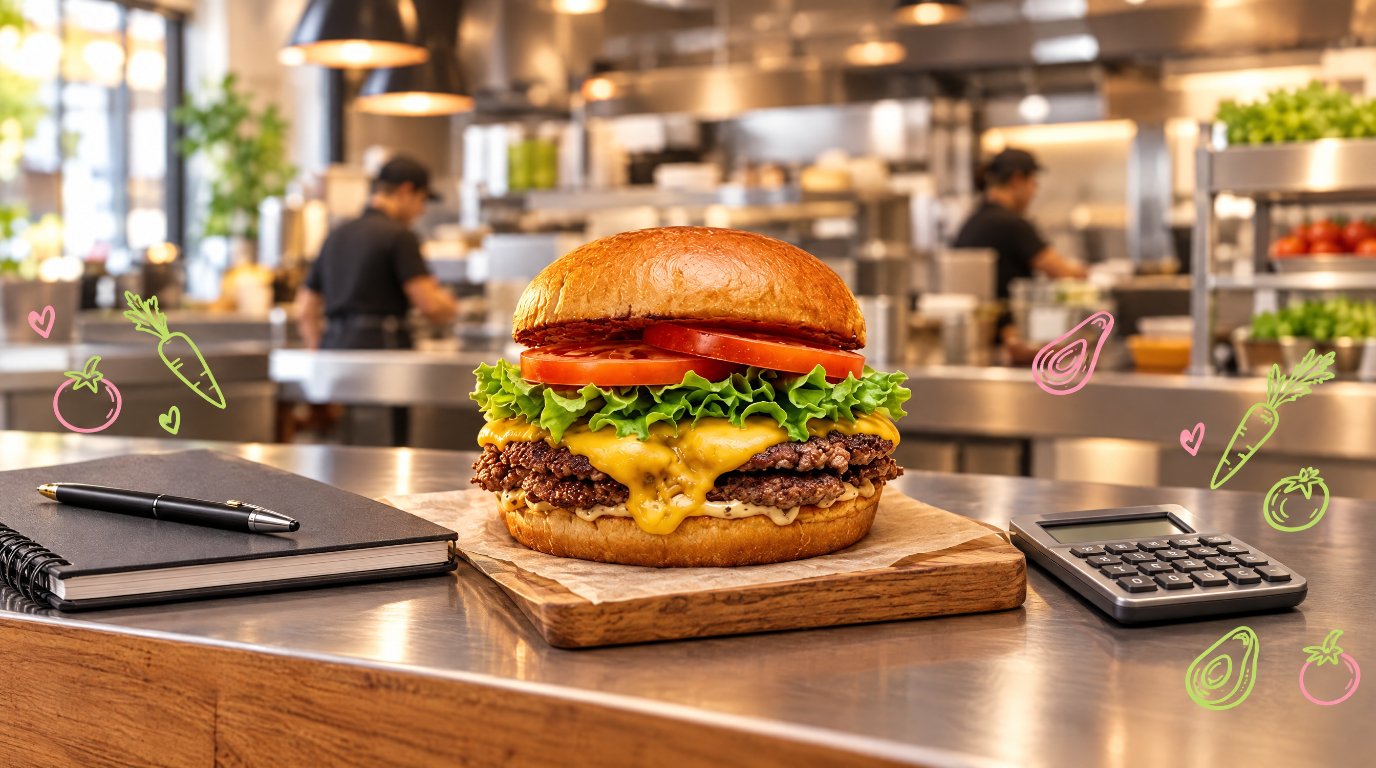 Burger vegan Green Farmer's sur un comptoir de restaurant avec un carnet, un stylo et une calculatrice, et des illustrations de légumes aux couleurs de la marque