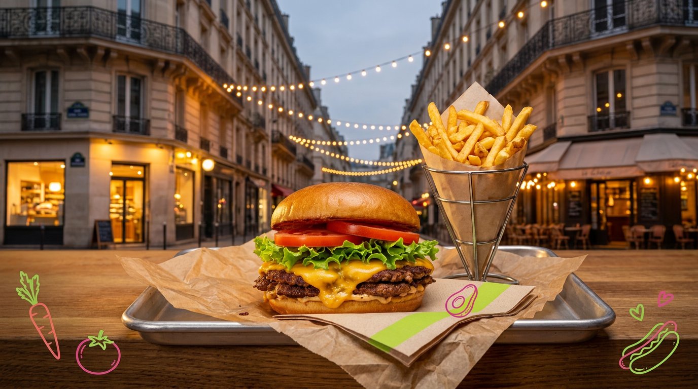 Burger vegan Green Farmer's et frites sur un plateau devant une rue parisienne, avec des illustrations de légumes aux couleurs de la marque