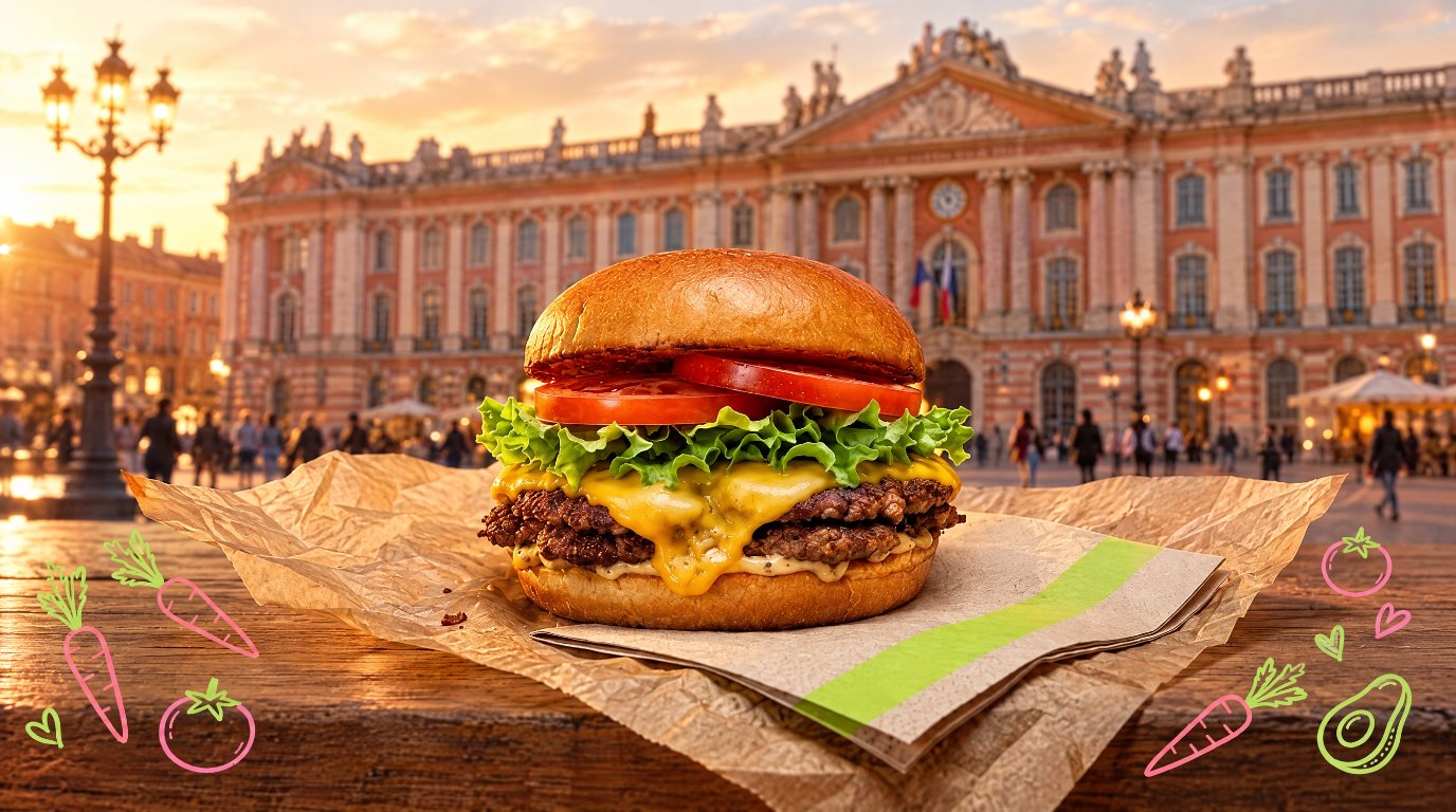 Burger vegan Green Farmer's devant la place du Capitole de Toulouse et sa façade en brique rose, avec des illustrations de légumes aux couleurs de la marque