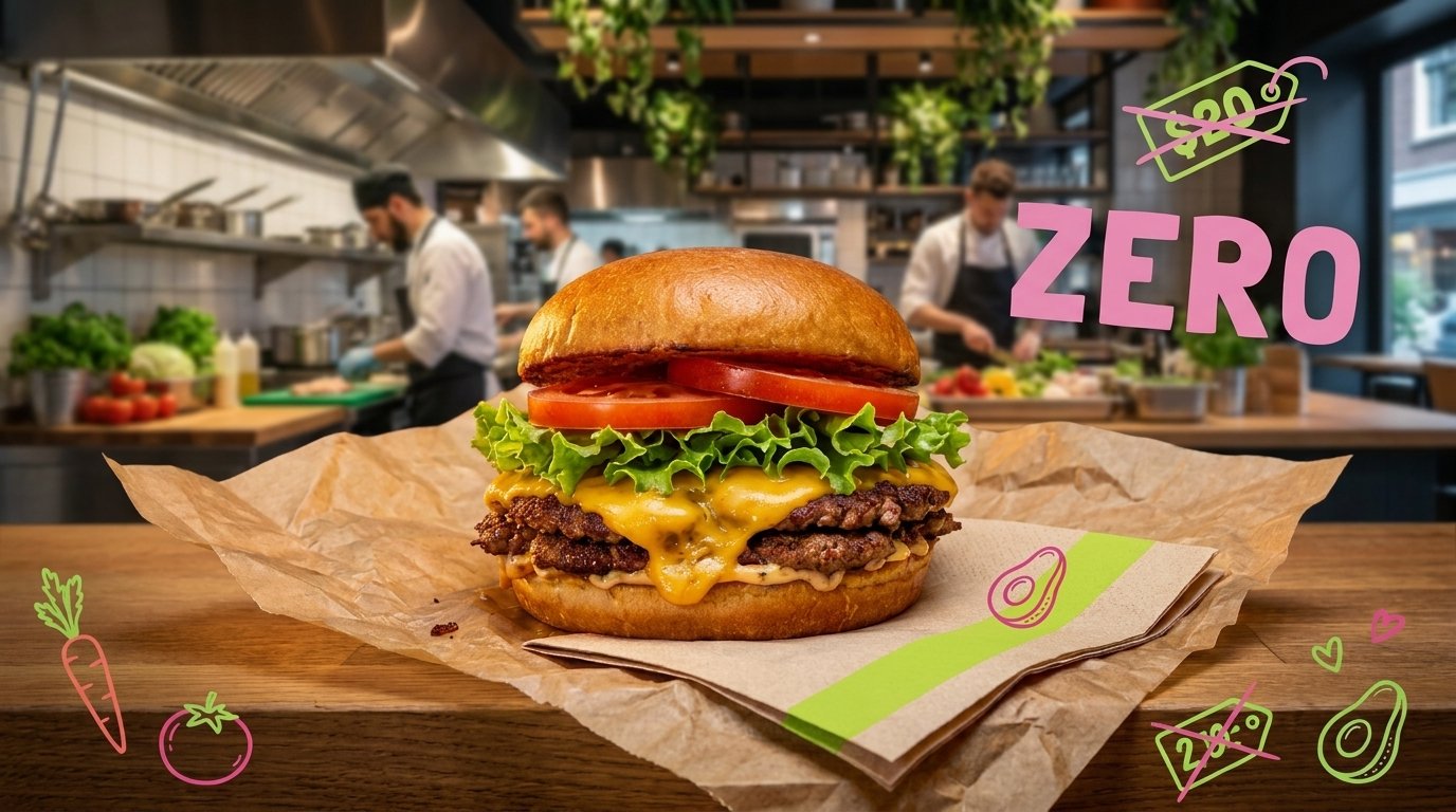 Burger vegan Green Farmer's sur un comptoir de street-food, avec des illustrations de légumes et un prix barré, pour illustrer la franchise sans droit d'entrée