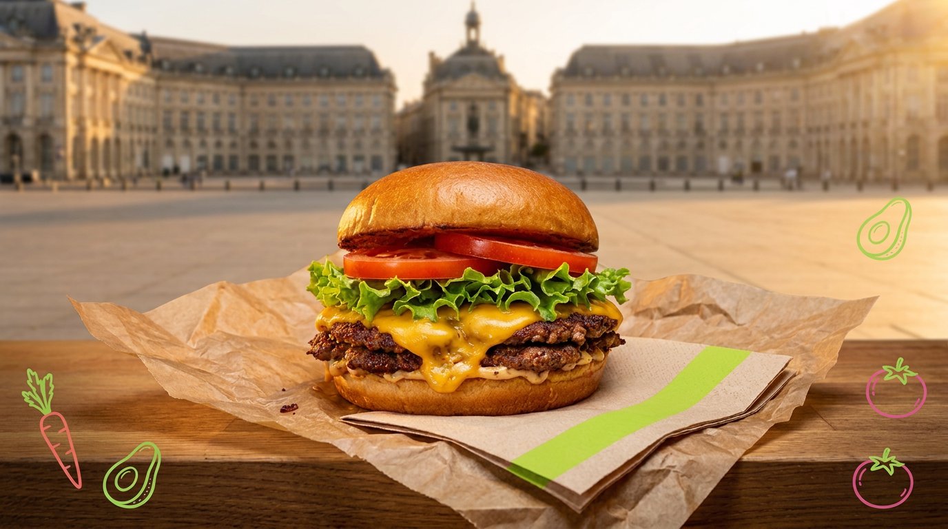 Burger vegan Green Farmer's devant la Garonne et la place de la Bourse à Bordeaux, avec des illustrations de légumes aux couleurs de la marque
