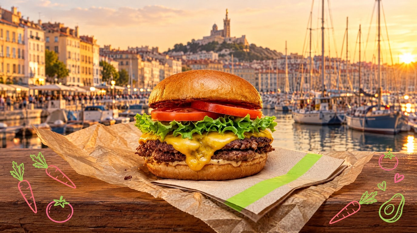 Burger vegan Green Farmer's devant le Vieux-Port de Marseille avec Notre-Dame de la Garde en arrière-plan et des illustrations de légumes aux couleurs de la marque