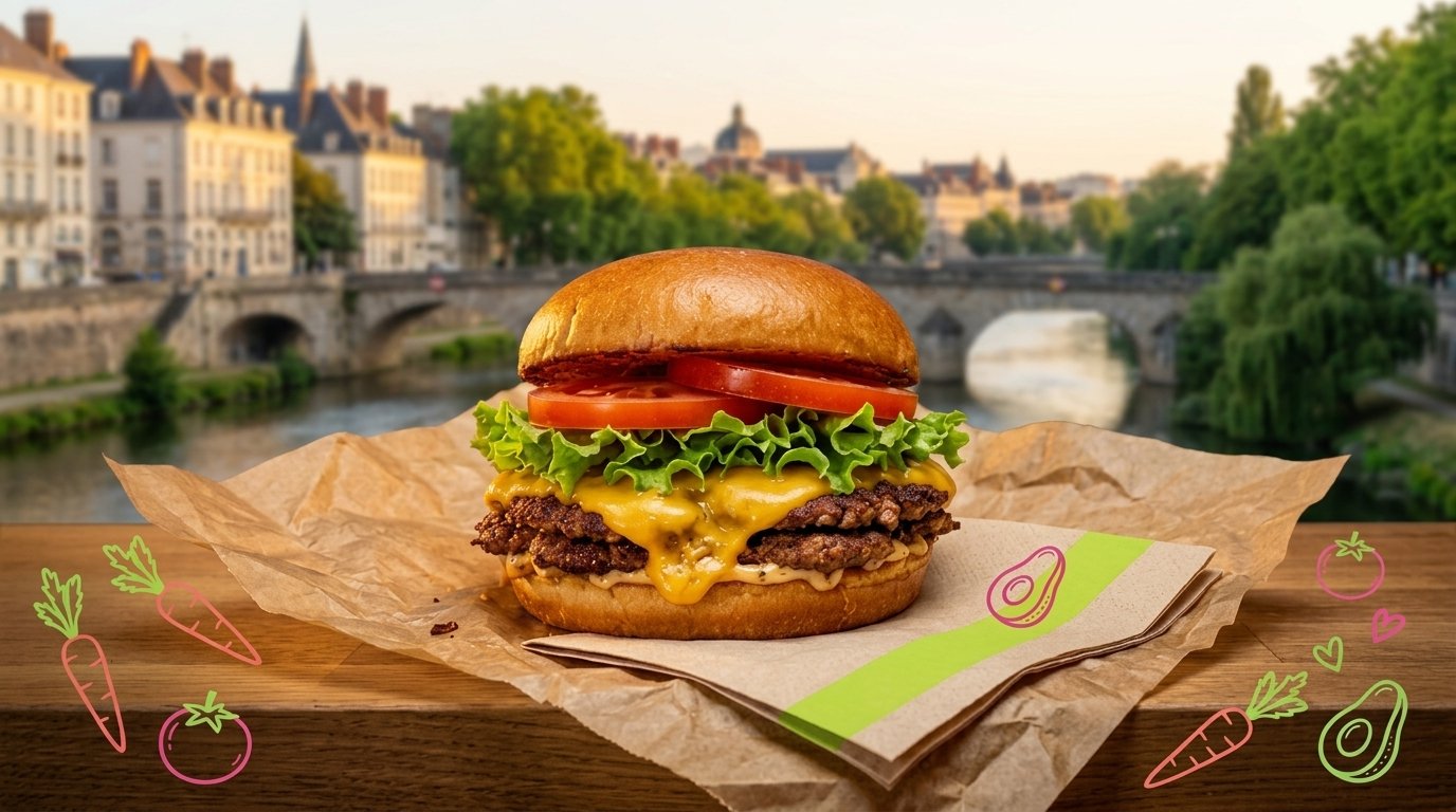 Burger vegan Green Farmer's devant la Loire et les façades en tuffeau de Nantes, avec des illustrations de légumes aux couleurs de la marque