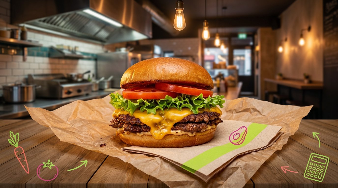 Burger vegan Green Farmer's sur le comptoir d'un fast-food street-food, avec des illustrations de légumes et une calculatrice