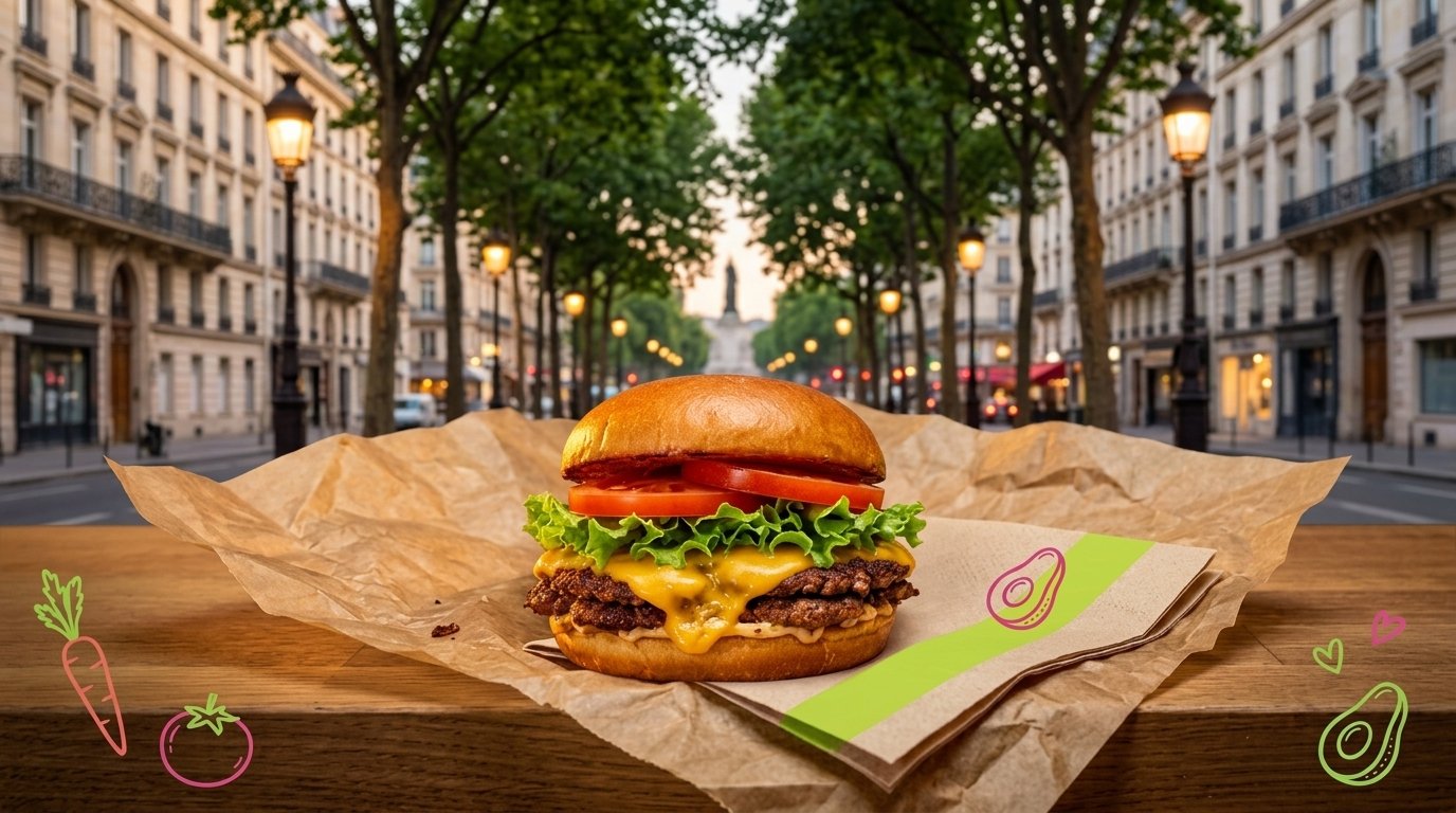 Burger vegan Green Farmer's devant une avenue parisienne entre Bastille et Nation, avec des illustrations de légumes aux couleurs de la marque