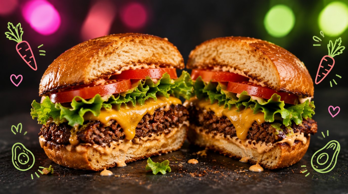 Burger vegan Green Farmer's coupé en deux montrant le steak végétal, le cheddar végétal, la salade, la tomate et le pain toasté