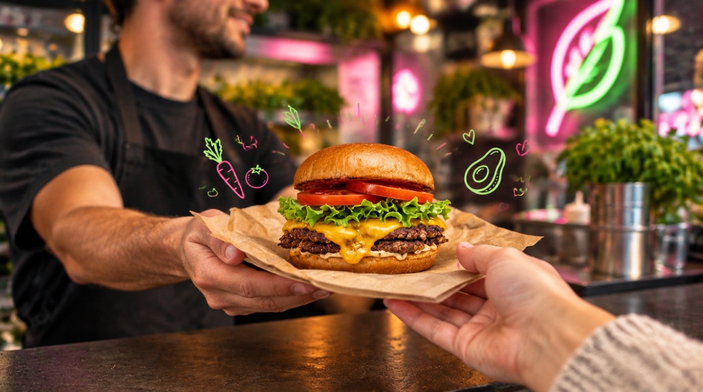 Nouvel exploitant servant un burger vegan Green Farmer's au comptoir d'un restaurant de street-food urbain
